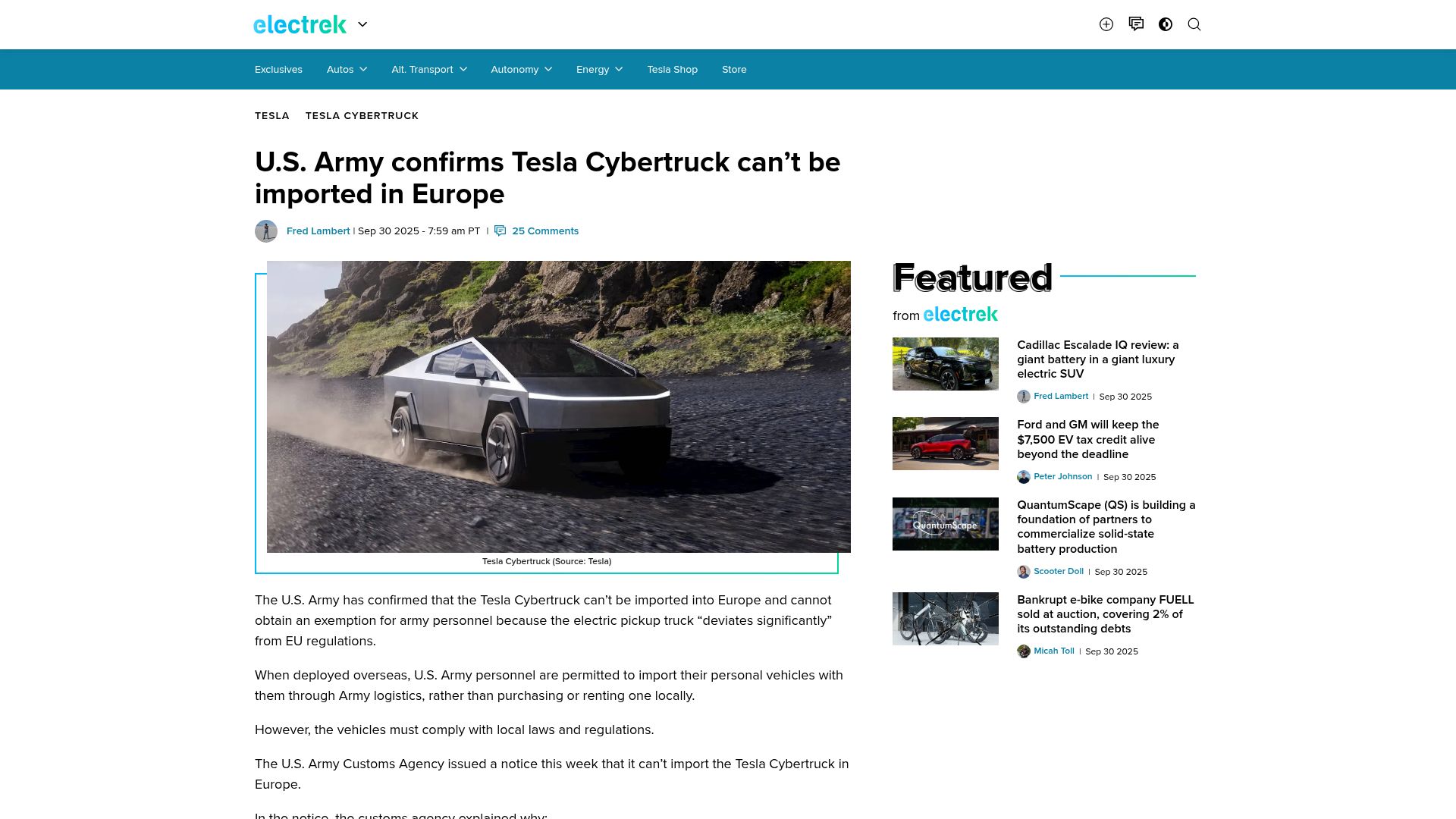 Screenshot of electrek.co: U.S. Army confirms Tesla Cybertruck can't be imported in Europe