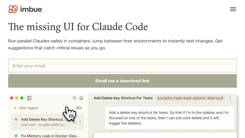 Screenshot of imbue.com: Show HN: Sculptor – A UI for Claude Code