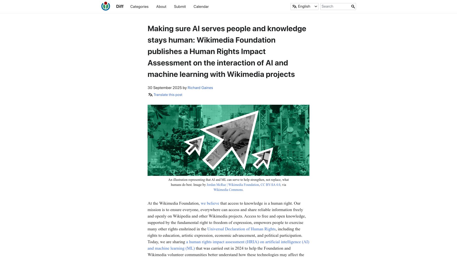 Screenshot of diff.wikimedia.org: Making sure AI serves people and knowledge stays human