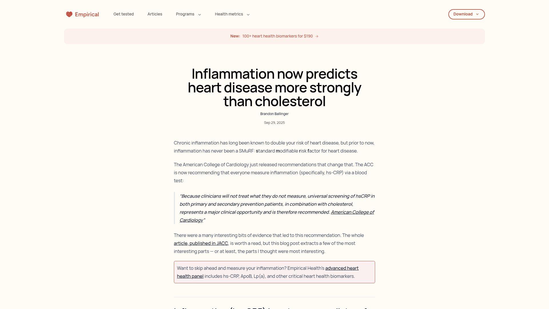 Screenshot of empirical.health: Inflammation now predicts heart disease more strongly than cholesterol