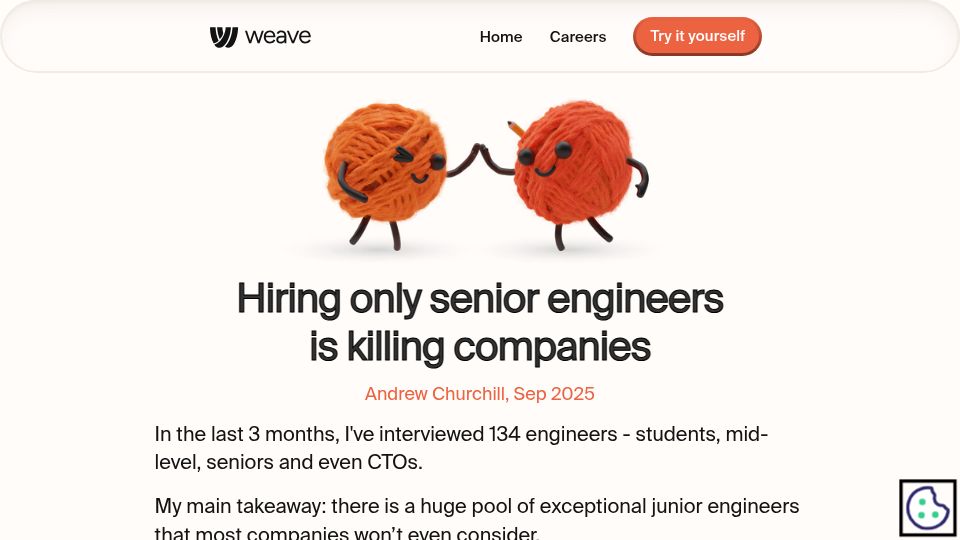 Screenshot of workweave.dev: There is a huge pool of exceptional junior engineers