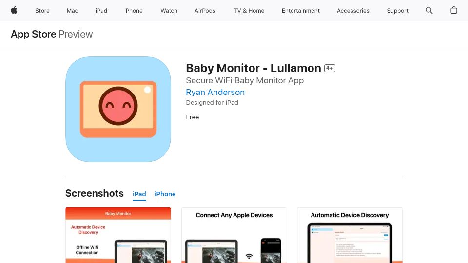 Screenshot of apps.apple.com: Show HN: WebRTC LAN Baby Monitor for iOS and iPadOS