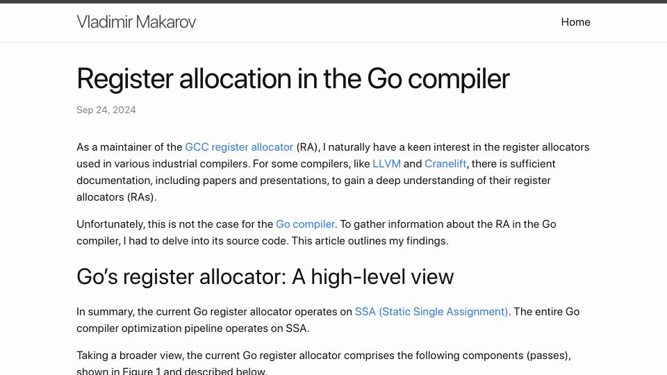 Screenshot of vnmakarov.github.io: Register allocation in the Go compiler (2024)