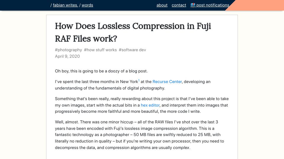 Screenshot of capnfabs.net: How does lossless compression in Fuji RAF files work? (2020)