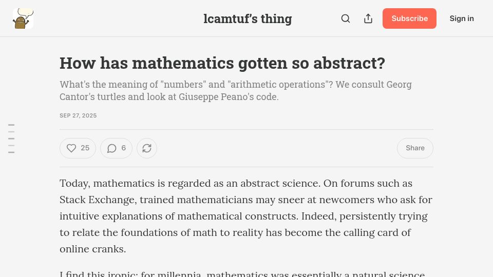 Screenshot of lcamtuf.substack.com: How has mathematics gotten so abstract?