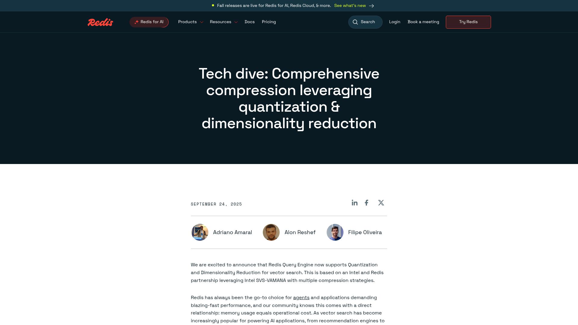 Screenshot of redis.io: Redisearch New Vector Quantization