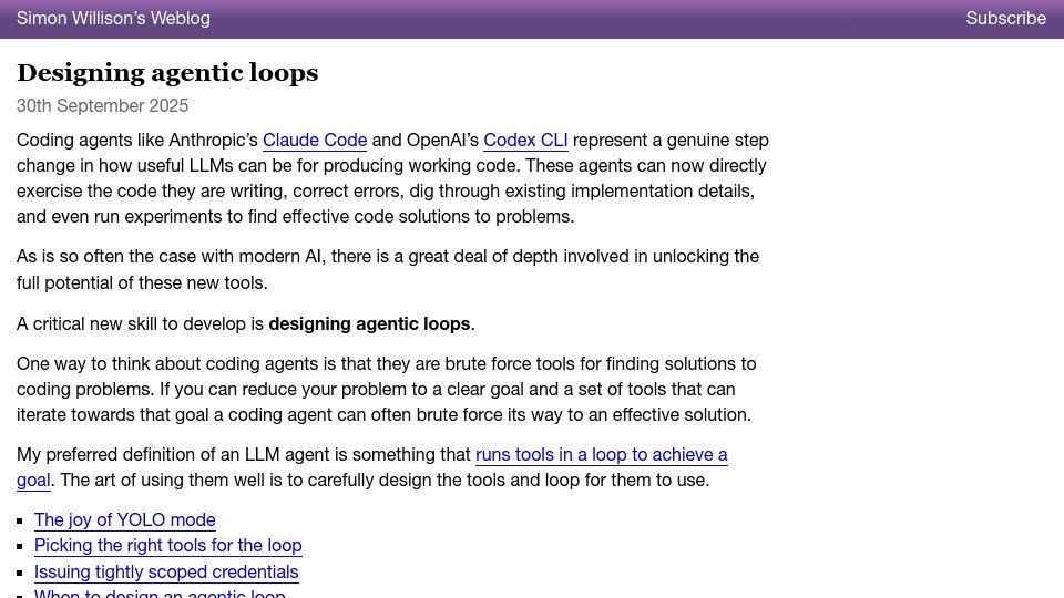 Screenshot of simonwillison.net: Designing agentic loops