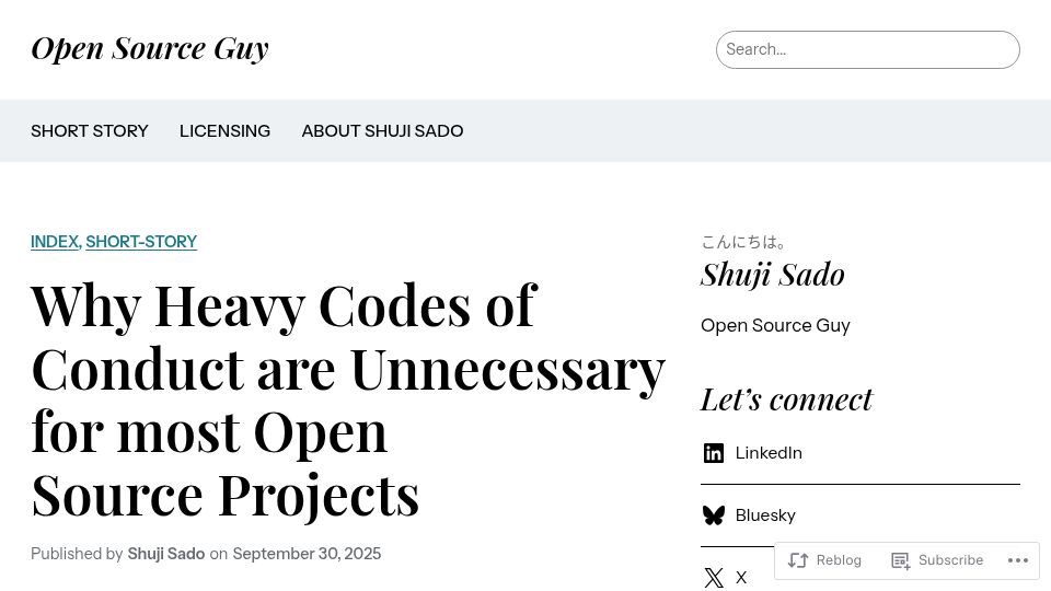 Screenshot of shujisado.org: Why Heavy Codes of Conduct Are Unnecessary for Open Source Projects