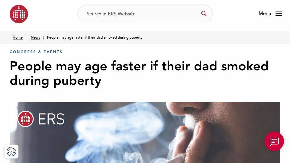 Screenshot of ersnet.org: People may age faster if their dad smoked during puberty