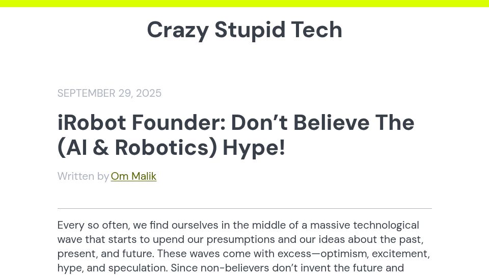 Screenshot of crazystupidtech.com: iRobot Founder: Don't Believe the AI and Robotics Hype