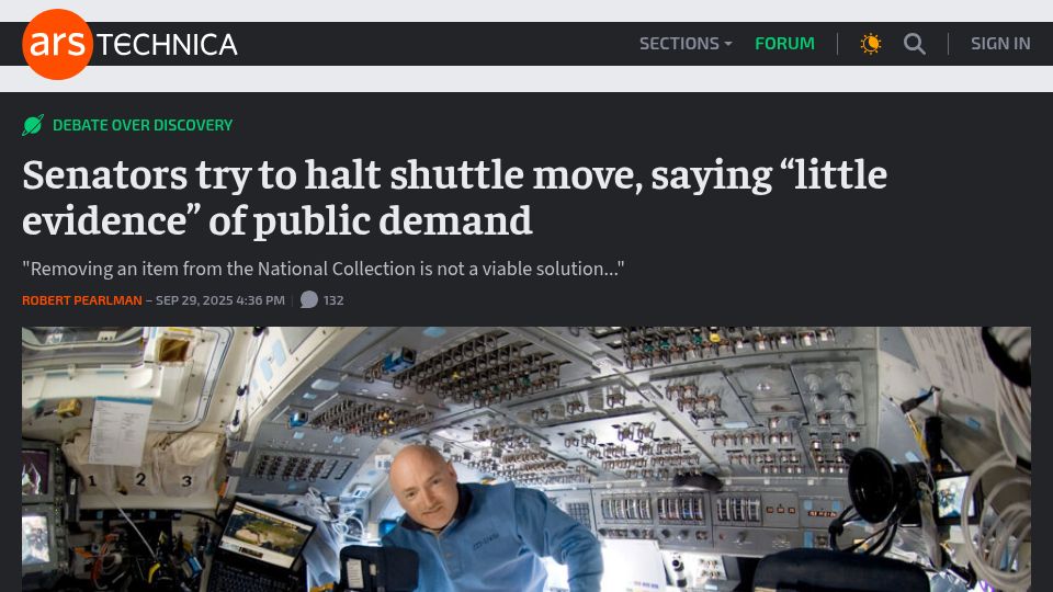 Screenshot of arstechnica.com: Senators try to halt shuttle move, saying "little evidence" of public demand