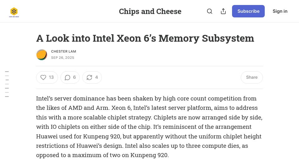 Screenshot of chipsandcheese.com: A Look into Intel Xeon 6's Memory Subsystem