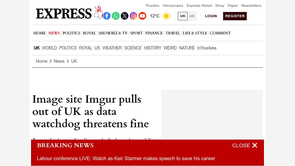 Screenshot of express.co.uk: Imgur pulls out of UK as data watchdog threatens fine