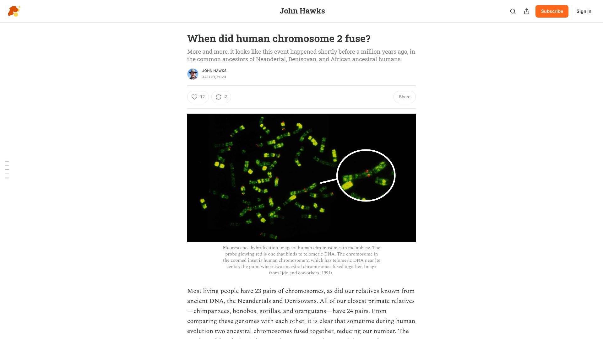 Screenshot of johnhawks.net: When did human chromosome 2 fuse?(2023)
