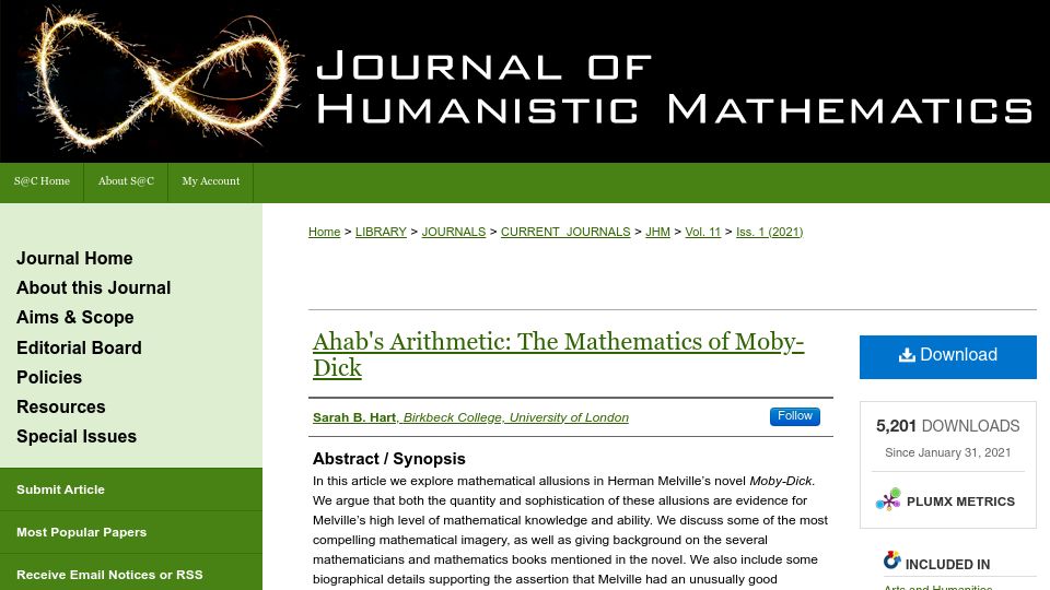 Screenshot of scholarship.claremont.edu: Ahab's Arithmetic: The Mathematics of Moby-Dick (2021)