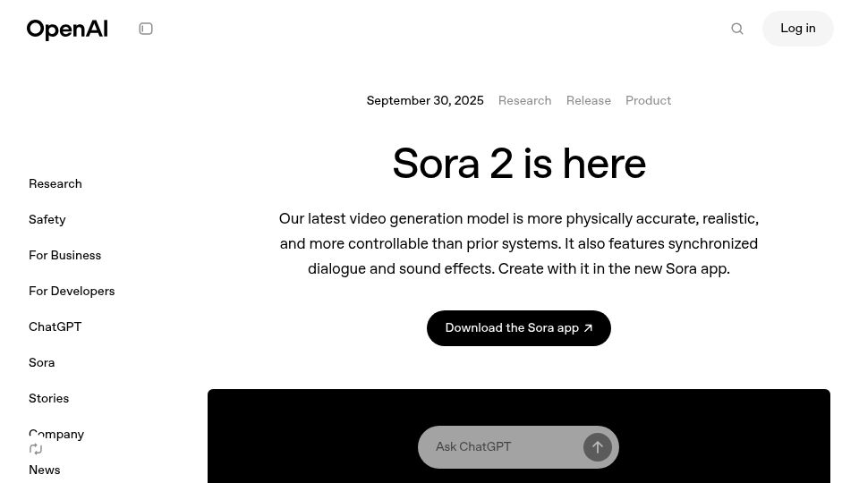 Screenshot of openai.com: Sora 2