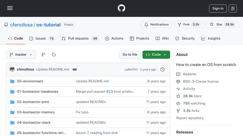 Screenshot of github.com: How to create an OS from scratch