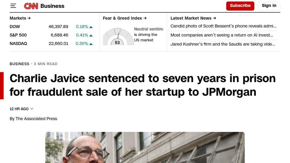 Screenshot of cnn.com: Founder sentenced to seven years in prison for fraudulent sale to JPMorgan