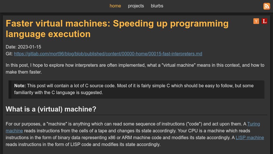 Screenshot of mort.coffee: Faster Virtual Machines: Speeding Up Programming Language Execution (2023)