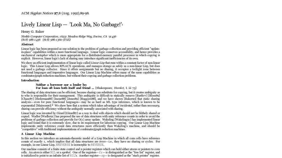 Screenshot of cs.utexas.edu: Lively Linear Lisp (1992) [pdf]