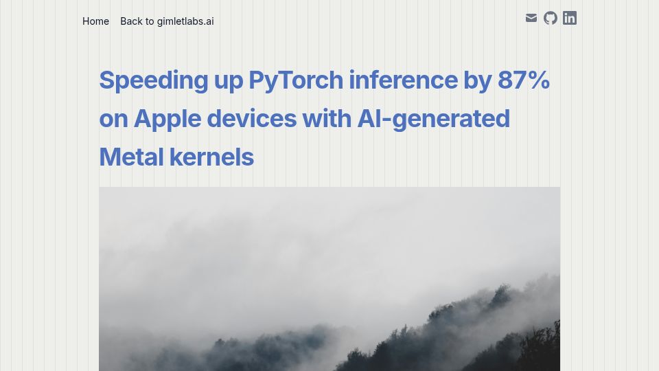 Screenshot of gimletlabs.ai: Speeding up PyTorch inference on Apple devices with AI-generated Metal kernels