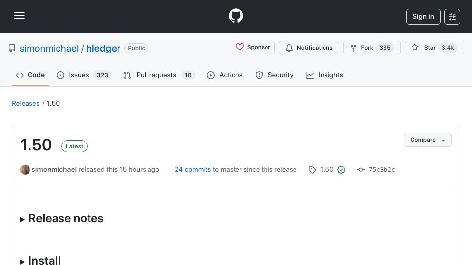 Screenshot of github.com: Hledger 1.50