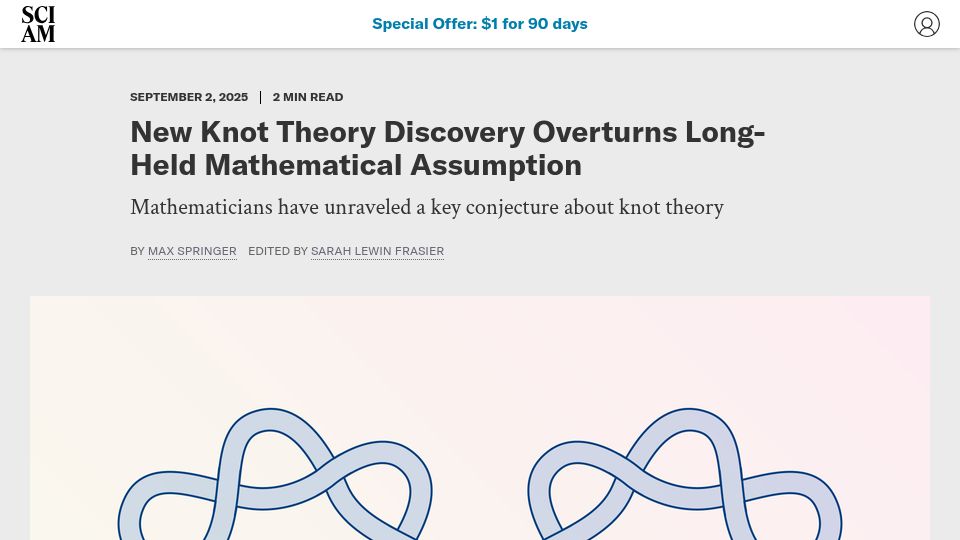 Screenshot of scientificamerican.com: New knot theory discovery overturns long-held mathematical assumption