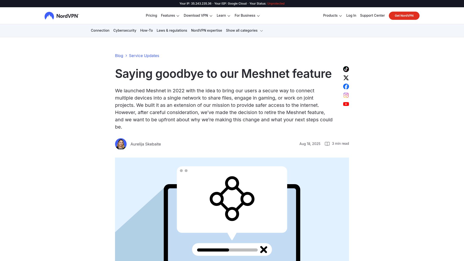 Screenshot of nordvpn.com: Farewell to Meshnet
