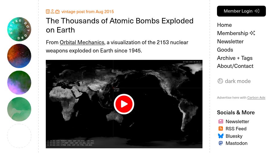 Screenshot of kottke.org: The thousands of atomic bombs exploded on Earth (2015)