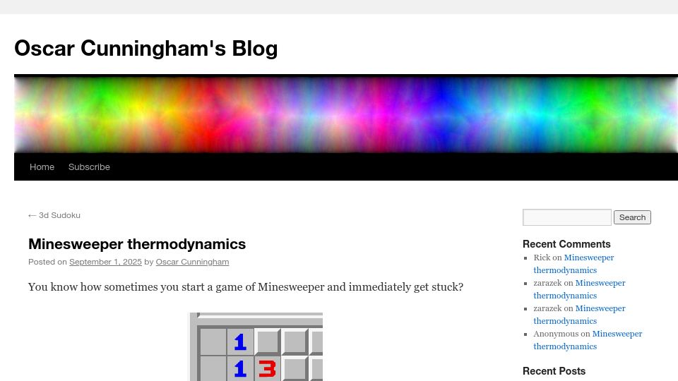 Screenshot of oscarcunningham.com: Minesweeper thermodynamics