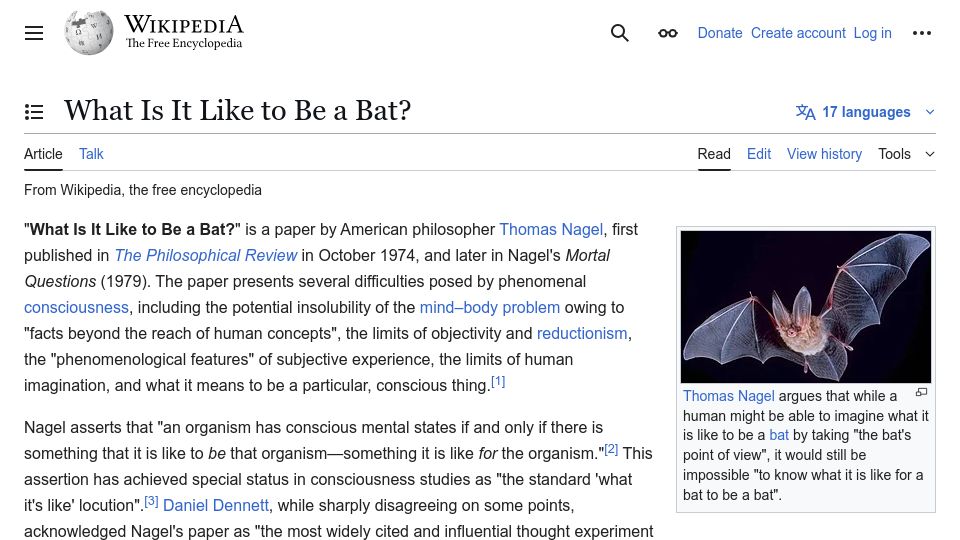 Screenshot of en.wikipedia.org: What is it like to be a bat?