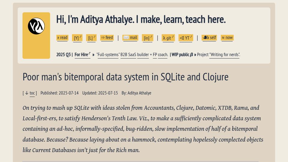 Screenshot of evalapply.org: Poor man's bitemporal data system in SQLite and Clojure