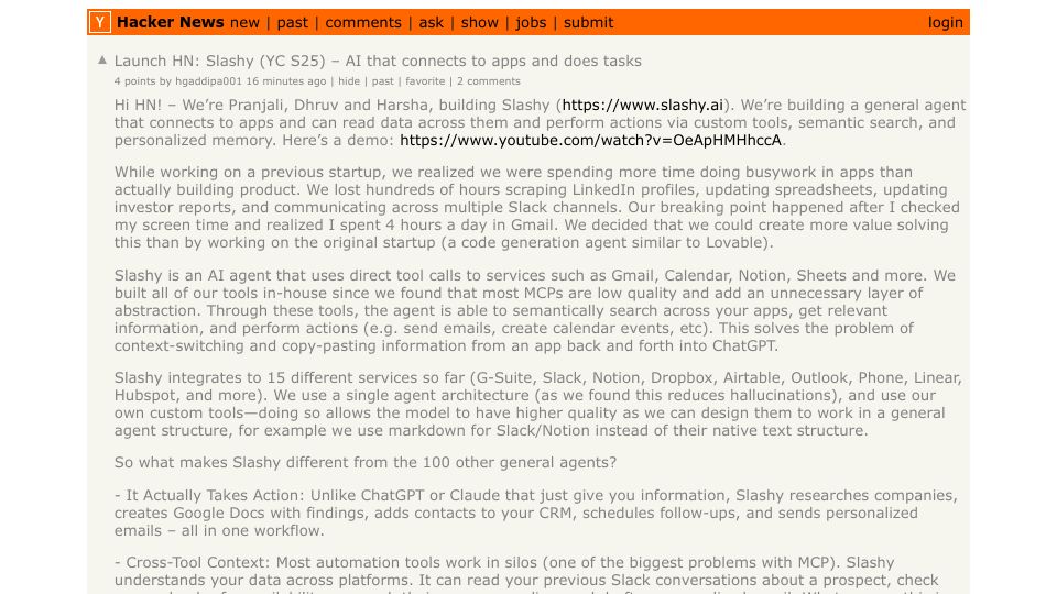 Screenshot of Hacker News post: Launch HN: Slashy (YC S25) – AI that connects to apps and does tasks