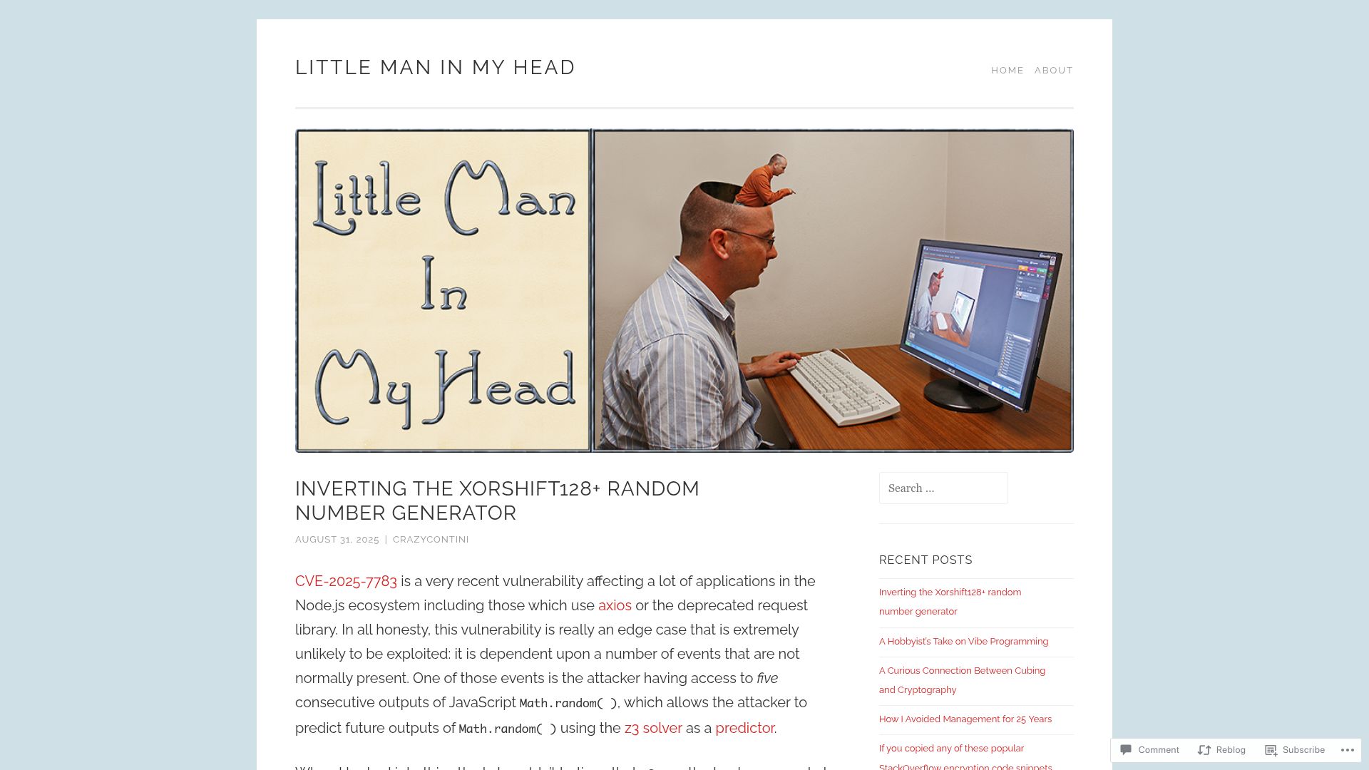 Screenshot of littlemaninmyhead.wordpress.com: Inverting the Xorshift128 random number generator