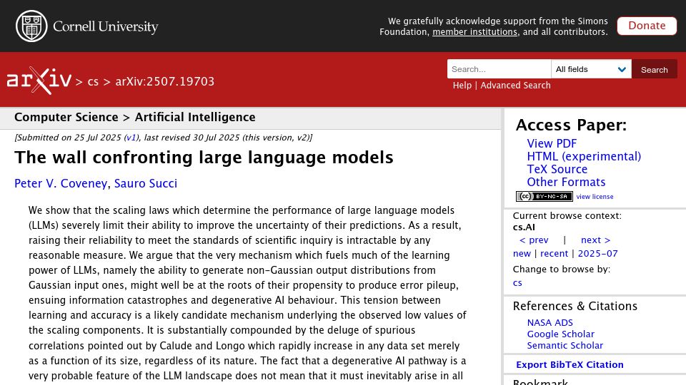 Screenshot of arxiv.org: The wall confronting large language models