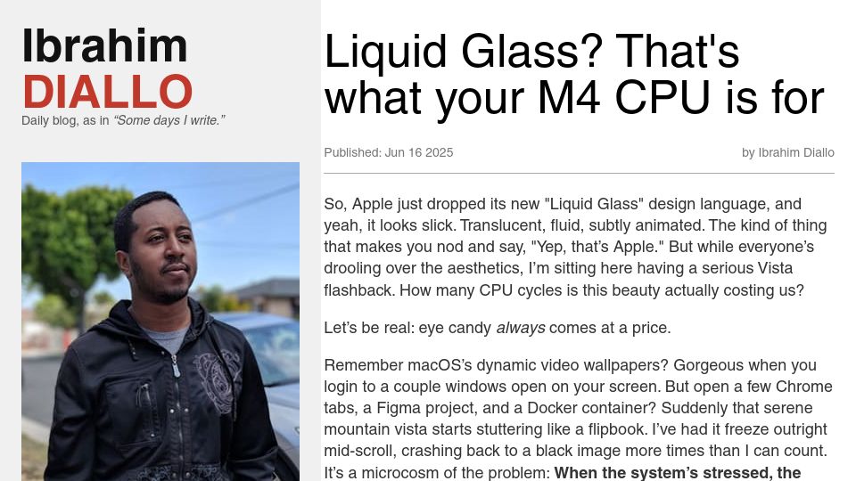 Screenshot of idiallo.com: Liquid Glass? That's what your M4 CPU is for