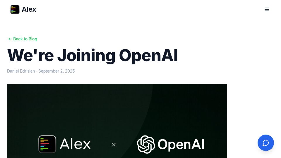Screenshot of alexcodes.app: We're Joining OpenAI