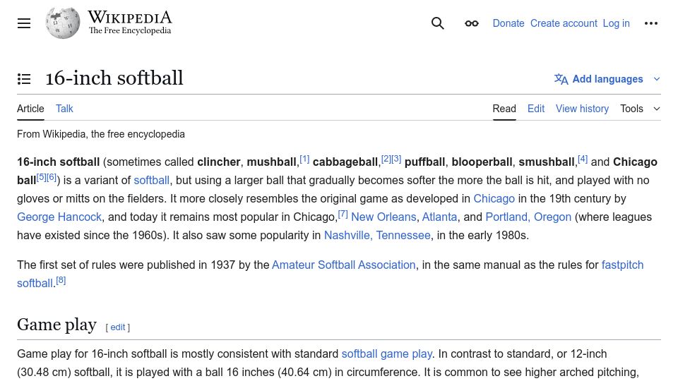 Screenshot of en.wikipedia.org: 16-inch softball