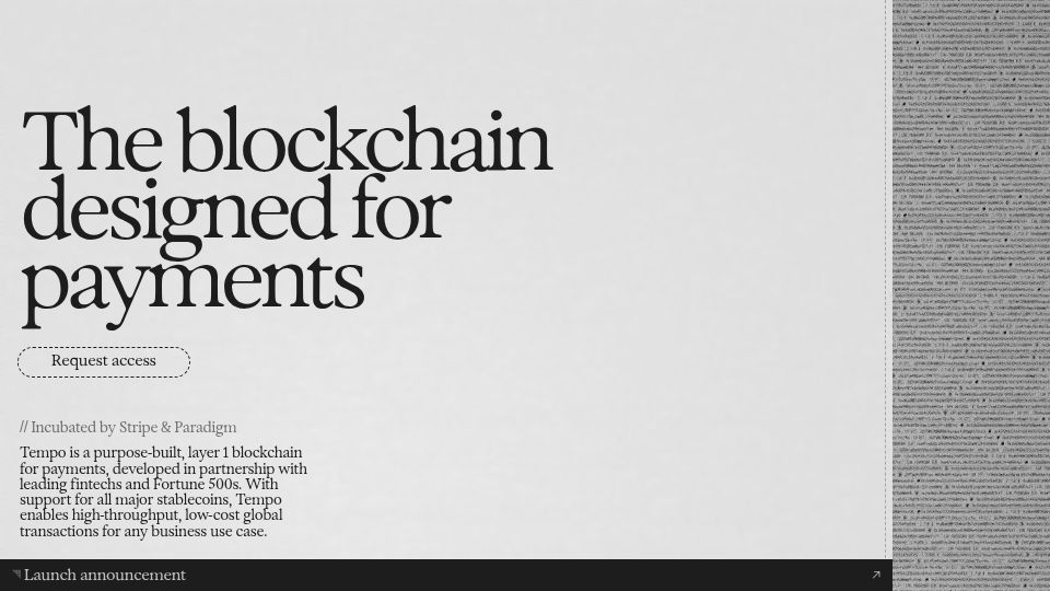 Screenshot of tempo.xyz: Stripe Launches L1 Blockchain: Tempo