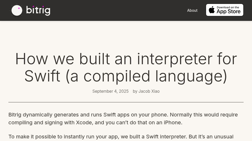 Screenshot of bitrig.app: How we built an interpreter for Swift