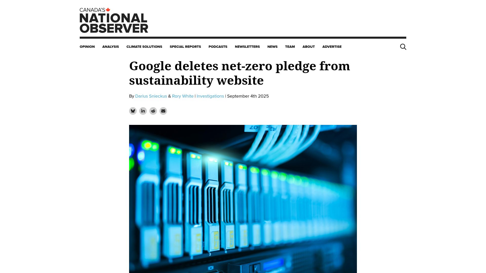Screenshot of nationalobserver.com: Google deletes net-zero pledge from sustainability website