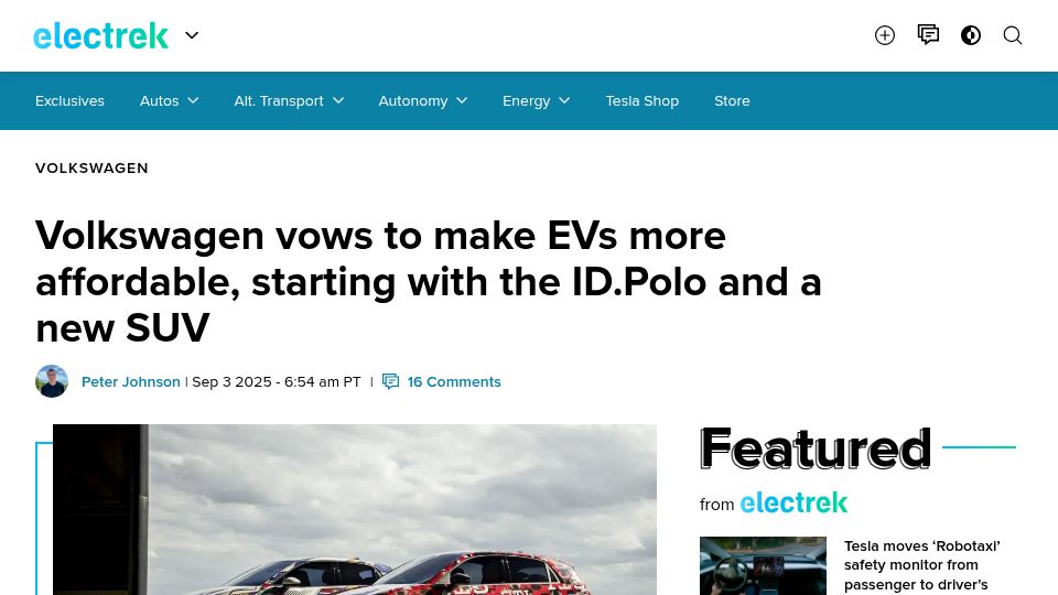 Screenshot of electrek.co: Volkswagen to make EVs more affordable, starting with the ID.Polo and a new SUV
