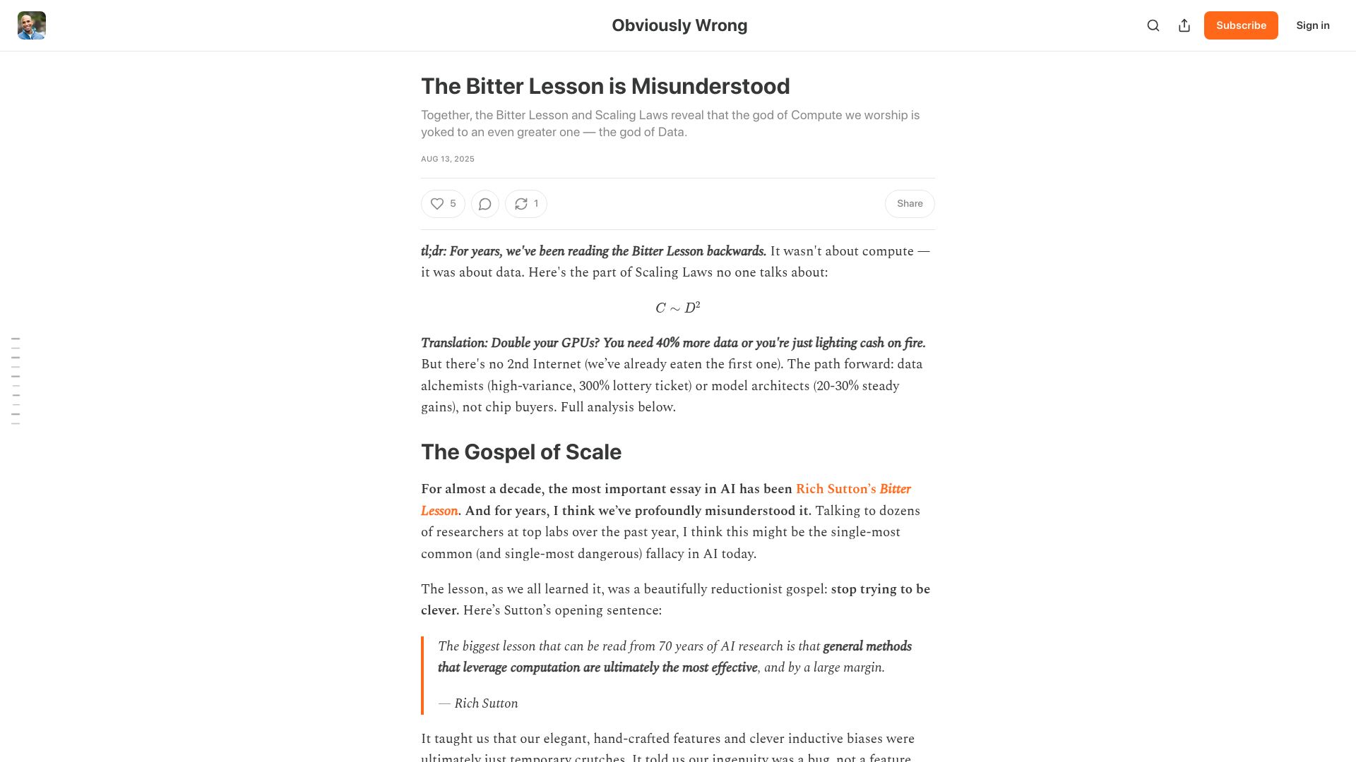Screenshot of obviouslywrong.substack.com: The Bitter Lesson Is Misunderstood