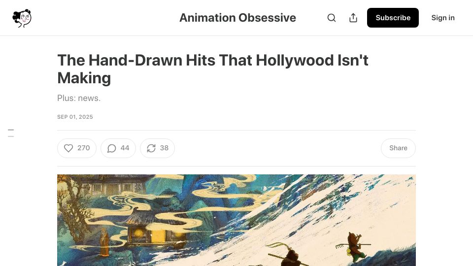 Screenshot of animationobsessive.substack.com: The Hand-Drawn Hits That Hollywood Isn't Making