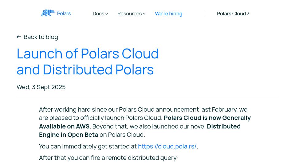 Screenshot of pola.rs: Polars Cloud and Distributed Polars now available