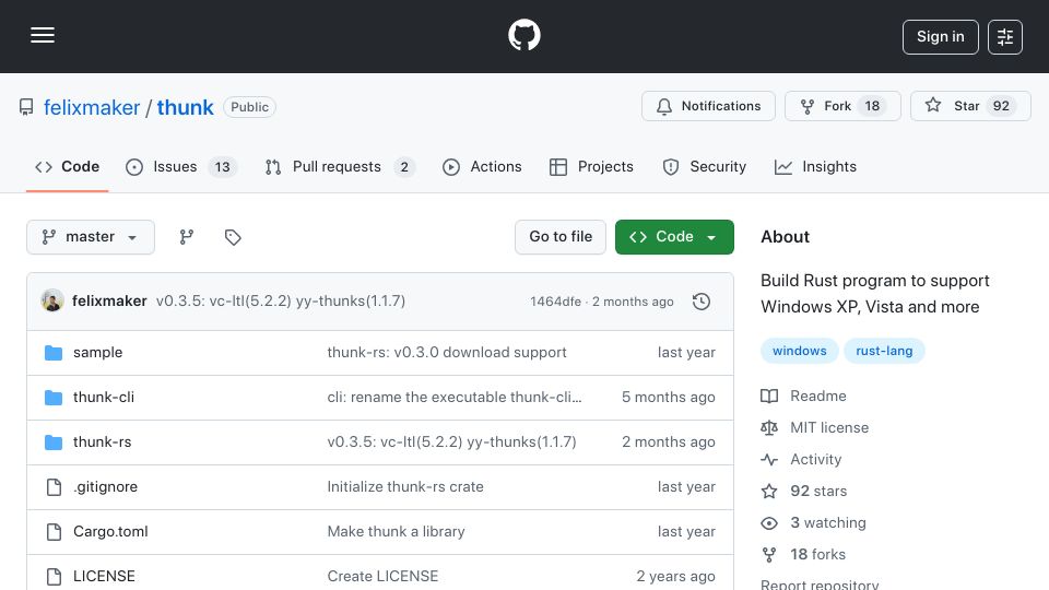 Screenshot of github.com: Thunk: Build Rust program to support Windows XP, Vista and more