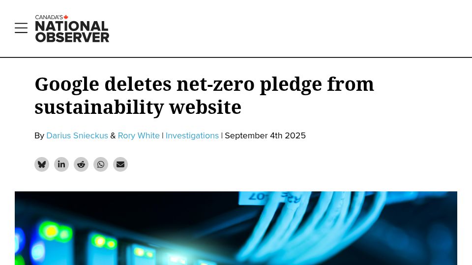 Screenshot of nationalobserver.com: Google deletes net-zero pledge from sustainability website