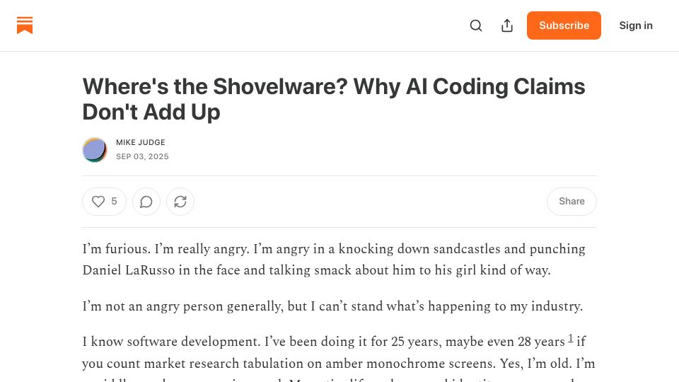 Screenshot of mikelovesrobots.substack.com: Where's the shovelware? Why AI coding claims don't add up