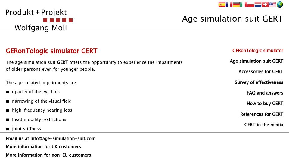 Screenshot of age-simulation-suit.com: Age Simulation Suit