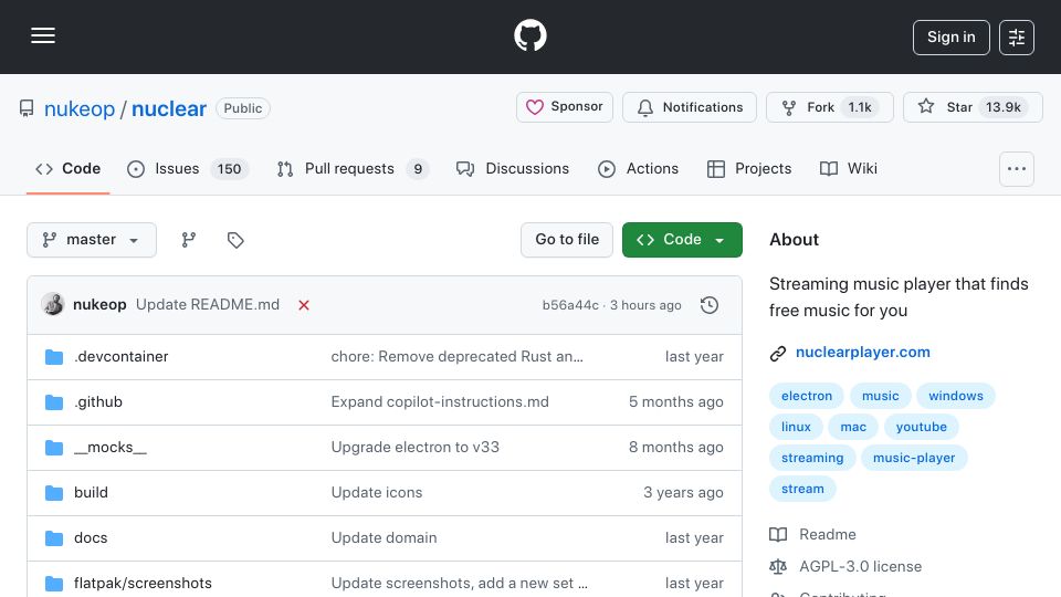 Screenshot of github.com: Nuclear: Desktop music player focused on streaming from free sources
